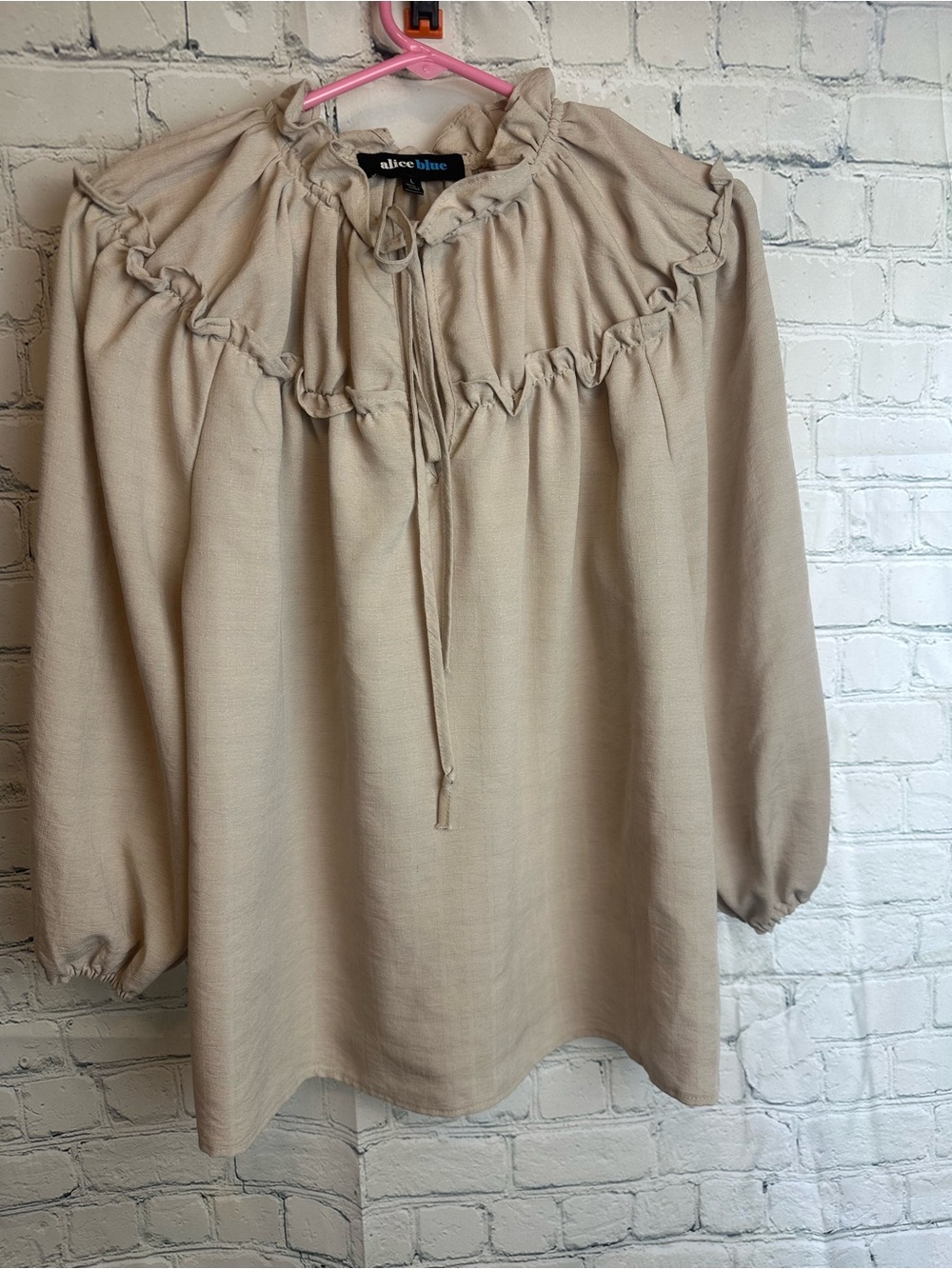 Alice Blue Beige Ruffle Yoke Peasant Top